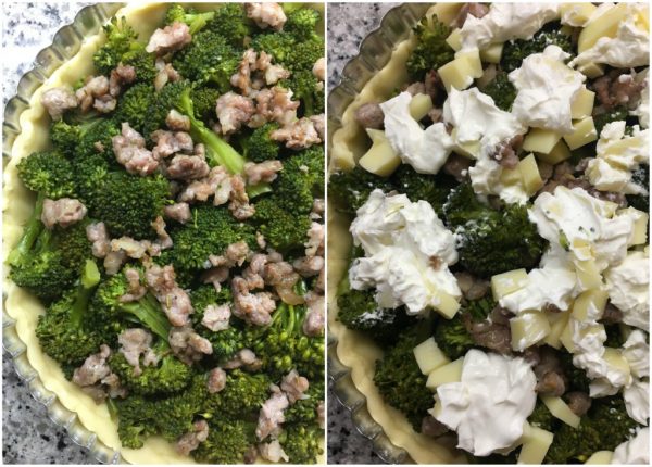 torta salata di brisé con salsiccia e broccoli, mascarpone e provola