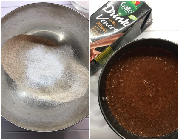 preparazione torta vegan al cacao con drink di riso venere integrale